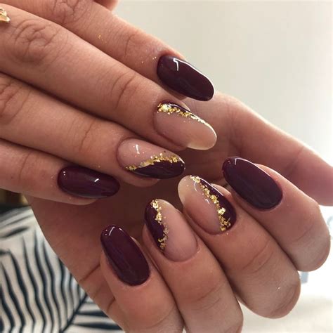 burgundy  gold nails almond burgundy nails  gold accent
