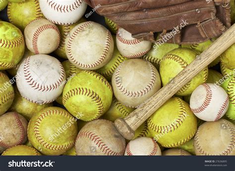 A Picture Of Baseballs, Softballs, A Bat And Glove Stock Photo 27636895 ...
