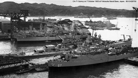 USS Quincy (CA-71) at Yokosuka Naval Base, Japan, 7 October 1953 ...