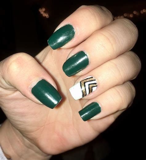 Forest green with bold white and gold | Gold nail designs, Green nail