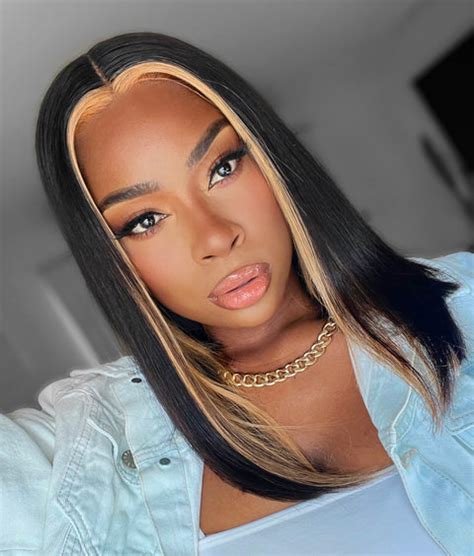 Straight Center Part Long Bob 1B Blonde Front Highlight Wig | Mayvenn