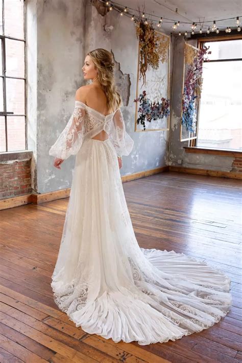 Beachy Boho Off-the-Shoulder Lace Wedding Dress with Long Blouson