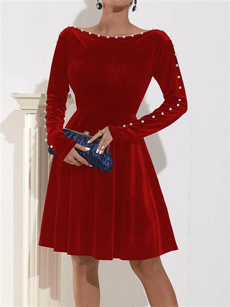 Pearls Beaded Velvet A-line Dress | SHEIN USA