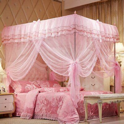 Pink Ruffled Four 4 Post Bed Canopy Netting Curtains Sheer Panel Twin Full Queen | eBay ...