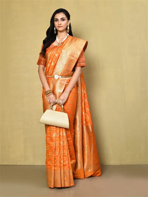orange banarasi silk saree elorafashion