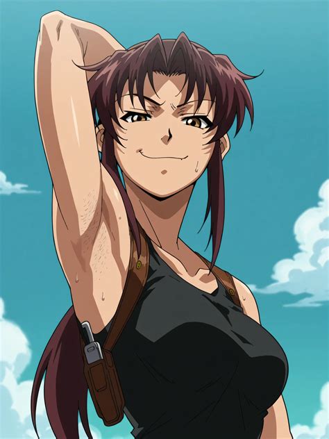 Anime girl with long hair and a black top posing for a picture（revy