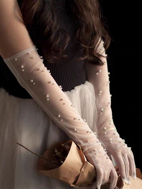 1 Pair White Faux Pearl Decor Elbow Length Gloves For Wedding Autumn