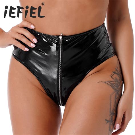 Womens Clubwear Boxer Shorts Wet Look Patent Leather High-Waisted Front