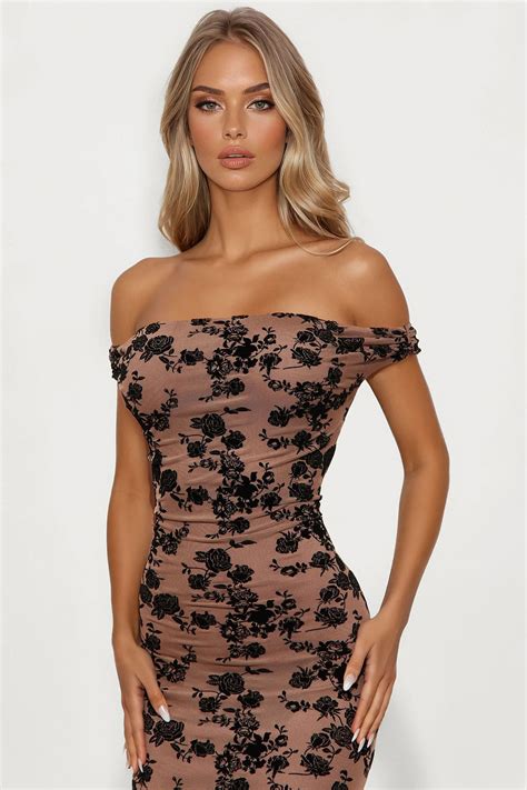 Jolene Flocking Mesh Floral Maxi Dress - Mocha/combo | Fashion Nova