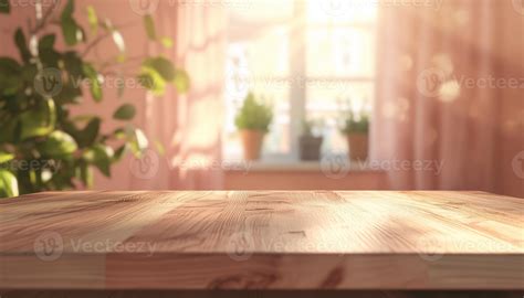 Brown wooden table kitchen counter display copy space with blurred