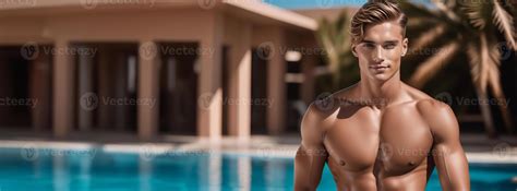Handsome young Caucasian male model posing by a luxurious poolside