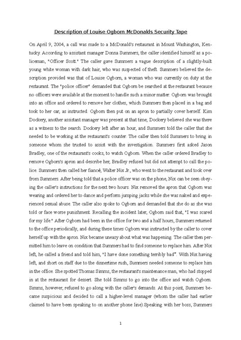 Description of Louise Ogborn Mc Donalds Security Tape - According to