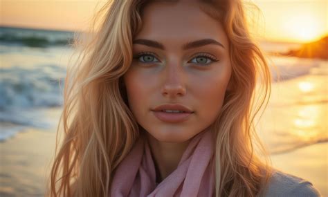 beautiful blonde woman  blue eyes   beach  stock photo