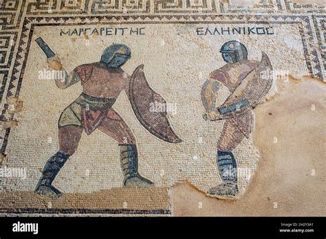 Gladiator mosaic in the Gladiators House, at the Archaeological site of ...