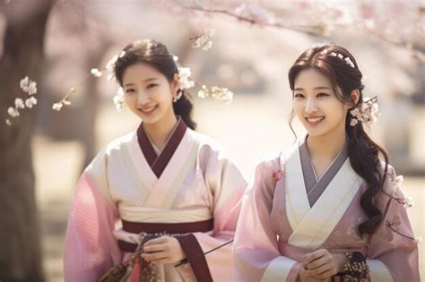 Premium AI Image | illustration of two korean woman dressed in colorful ...