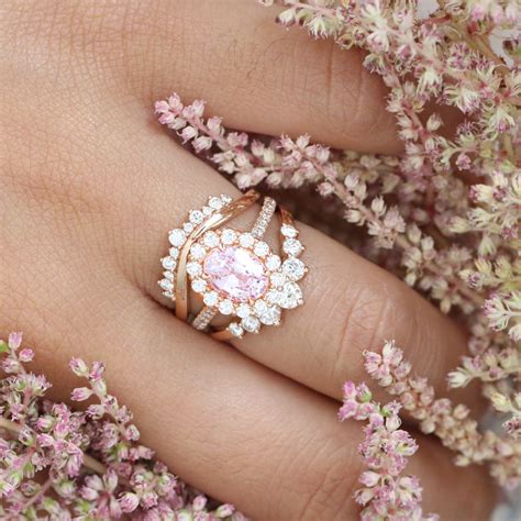 Natural Pink Sapphire Engagement Ring Rose Gold Halo Diamond Cluster