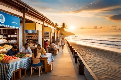 Premium Photo | A restaurant on a beach with a view of the ocean.