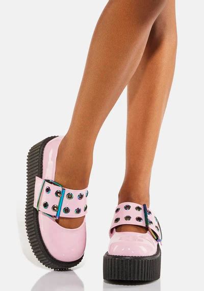 Demonia Platform Creeper Buckle Mary Janes - Pink Holographic Patent ...