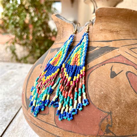 Loom Beaded Earrings with Fringe Blues Yellow Orange w/ Gold Tone Ear ...