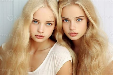 AI generated Twin girls with blue eyes, blonde teenagers 35687780 Stock