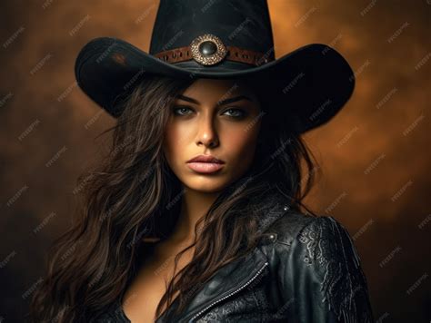 Premium AI Image | Hot cowgirl in cowboy hat and leather pants wild west