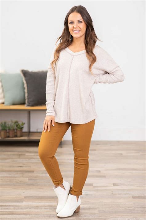 Clothing Staccato Long Sleeves | V-Neck Contrast Stitch Top Oatmeal ...