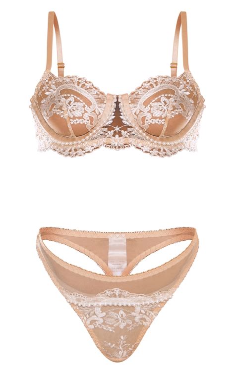 Nude Underwired Pearl Trim 2 Piece Lingerie Set | PrettyLittleThing AUS