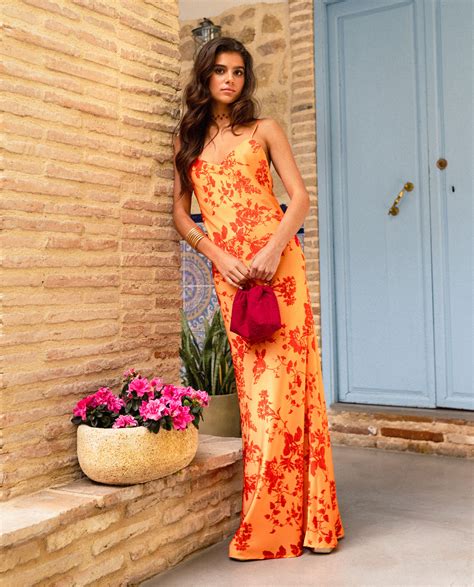 Vestido Lencero Naranja de Flores | Invitadas THE-ARE