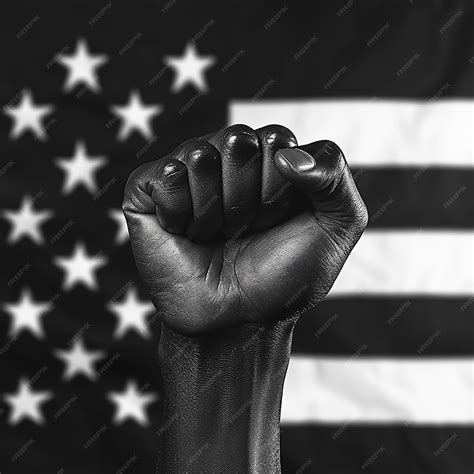 Ebony Fist in Front of a Black and White American Flag | Premium AI