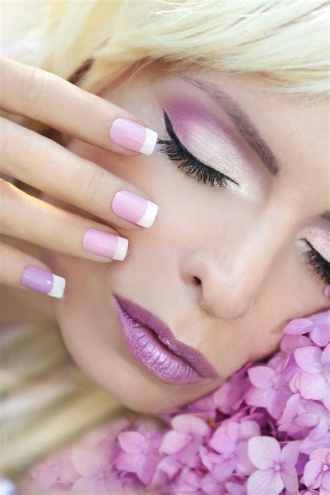 Pink Purple French Manicure and Makeup. Stock Photo - Image of ...