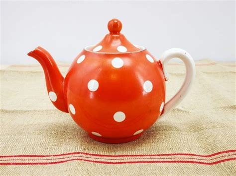 antique french ceramic teapot red base  white polka dots antique
