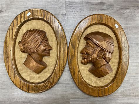 pair  hand carved grandpa  grandma heads  wood frames signed