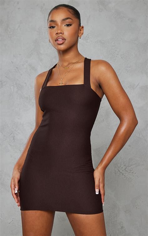 Chocolate Rib Strappy Bodycon Dress | Dresses | PrettyLittleThing