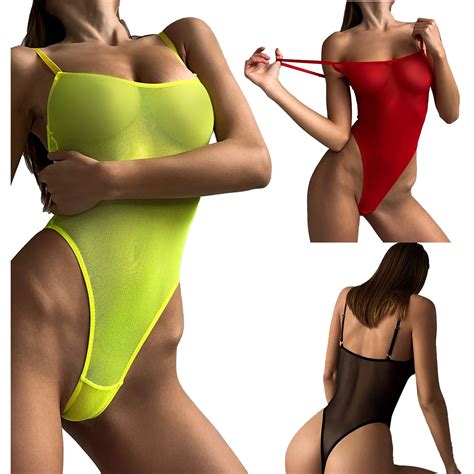 Women See-Through Mesh Bodysuit Lingerie One Piece High Cut Leotard