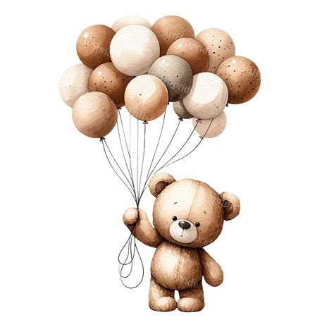 Watercolor Teddy Bear Clipart With Balloons - Digital PNG for Baby
