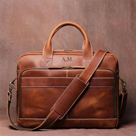 personalized leather laptop bag leather work bag  compartments