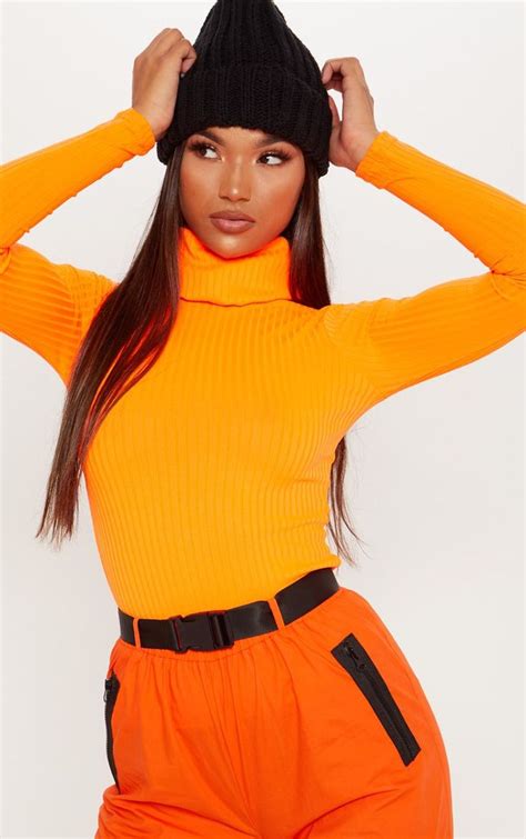 Neon Orange Rib Roll Neck Long Sleeve Top | Neon outfits, Neon fashion ...