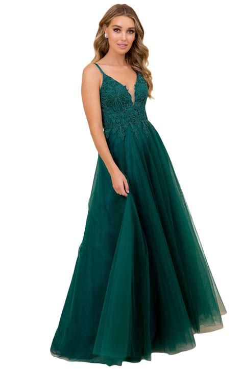 Nox Anabel - R357 Plunging Embroidered Lace Bodice Gown | Green prom