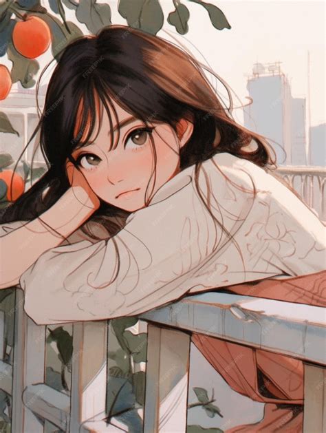 premium ai image anime girl leaning  railing  orange tree