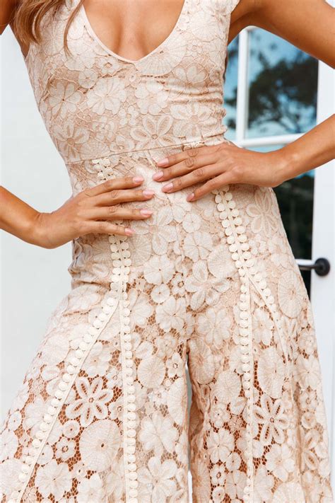 Shop the Take Note Laced-Back Frill Shoulder Lace Jumpsuit Nude