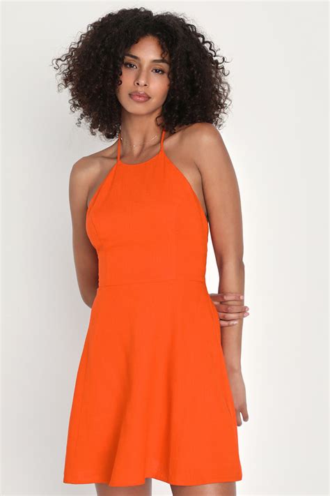 Bright Orange Dress - Mini Skater Dress - Halter Neck Dress - Lulus
