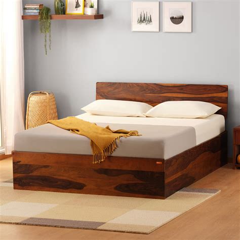 buy sheesham wood queen size brown color bed  box storage sleepyhead