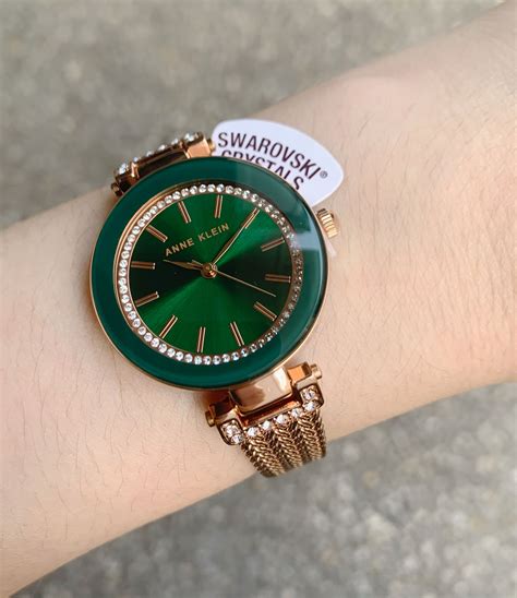 Anne Klein 1906GNRG Swarovski Green Dial Rose Gold Steel Chain Strap