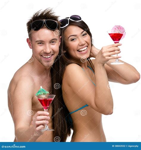 Half-length Portrait of Half-naked Couple with Cocktails Stock Photo