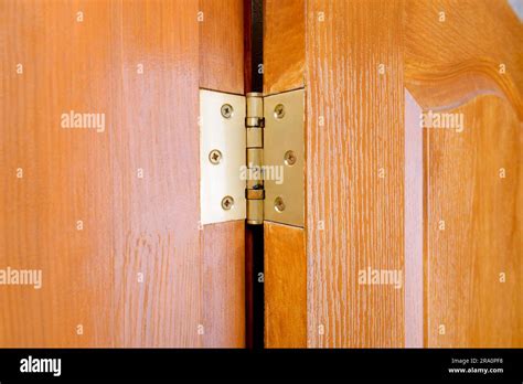 Detail of a door hinge fixed on a wooden door Stock Photo - Alamy