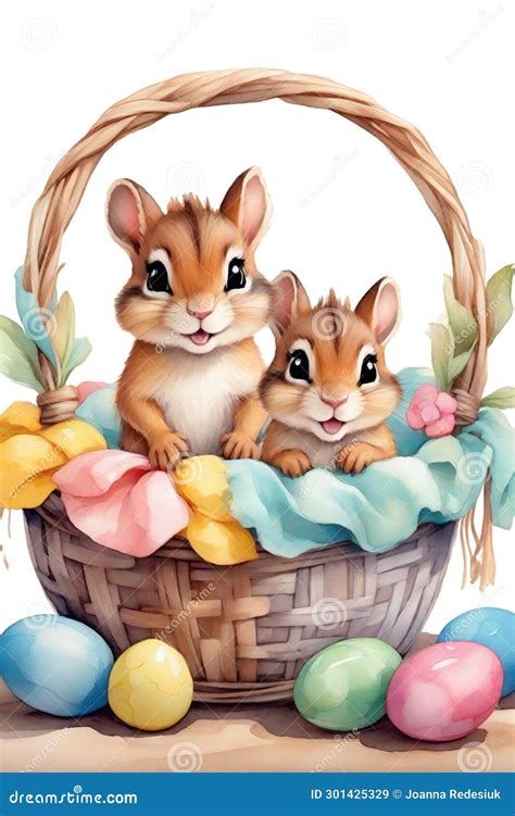 graphic   squirrel   easter basket  easter eggs stock
