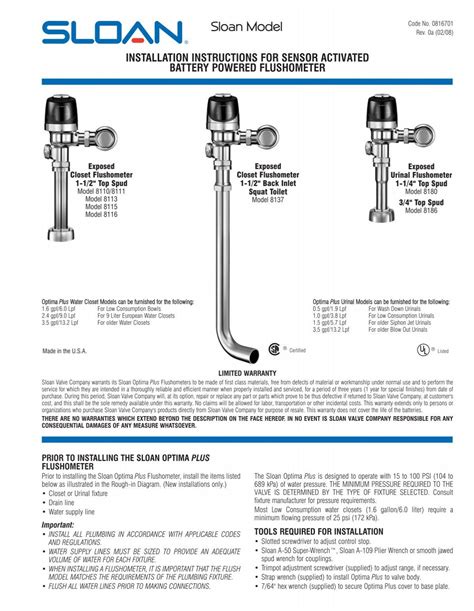 Sloan Optima Plus Installation Instructions - Sloan Valve Company