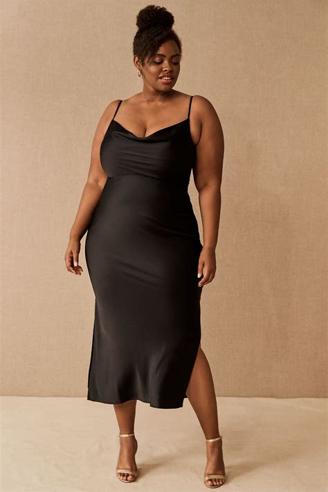 BHLDN Cali Satin Cowl-Neck Midi Slip Dress | Black wedding guest