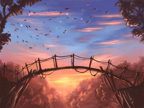 Art drawing landscape fantasy sky clouds bridge nature forest sun ...