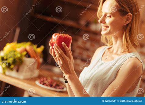 Charming Female Person Holding Pepper Stock Image - Image of modern ...